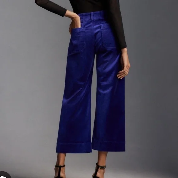 Anthropologie Maeve The Colette blue velvet cropped wide leg pants retro boho - Picture 2 of 9